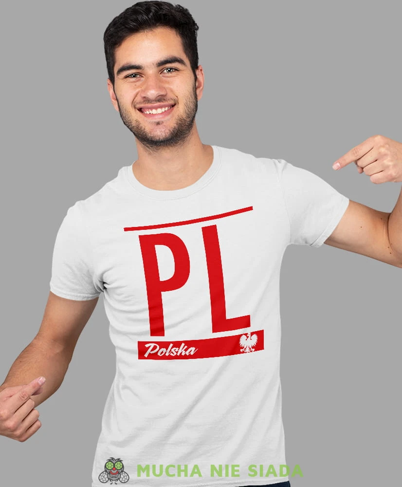 PL Polska, Orzeł Polski, biała męska koszulka z nadrukiem, koszulka kibica, koszulki z grafiką patriotyczną, na prezent, koszulka Polska, koszulki Polski.jpg