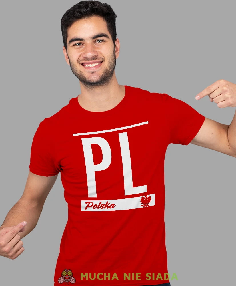 PL Polska, Orzeł Polski, czerwona męska koszulka z nadrukiem, koszulka kibica, koszulki z grafiką patriotyczną, na prezent, koszulka Polska, koszulki Polski.jpg