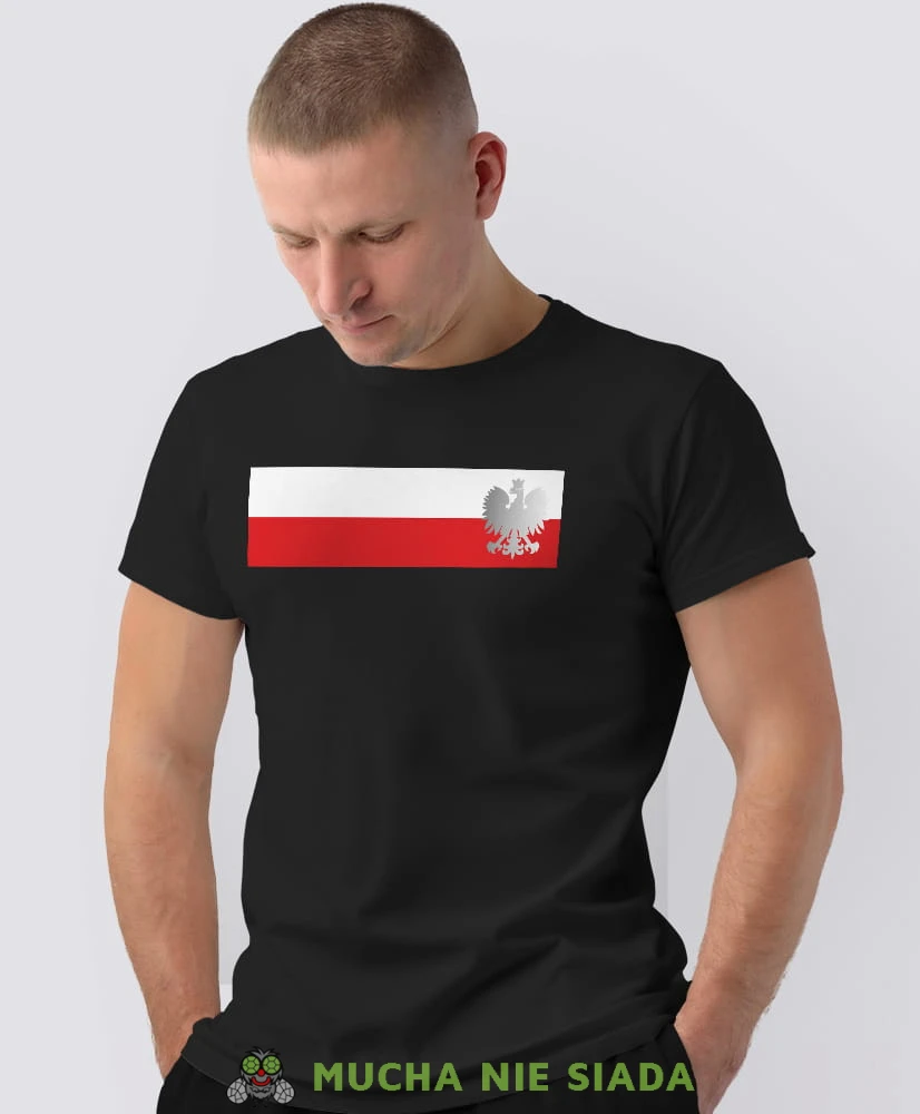 Polska flaga,Orzeł Polski srebrny, czarna męska koszulka z nadrukiem, koszulka kibica, koszulki z grafiką patriotyczną, na prezent, koszulka Polska, koszulki Polski.jpg