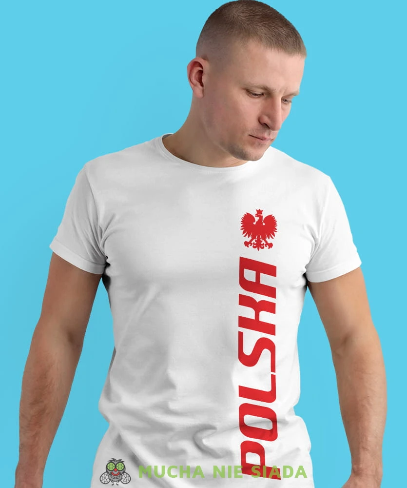 Polska, Orzeł Polski, nadruk w pionie, biała męska koszulka z nadrukiem, koszulka kibica, koszulki z grafiką patriotyczną, na prezent, koszulka Polska, koszulki Polski.jpg