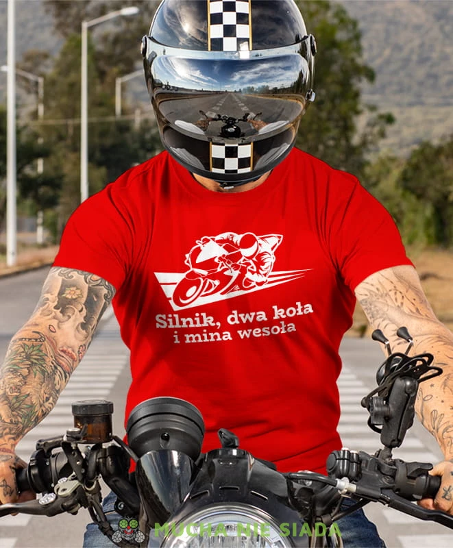 silnik dwa koła i mina wesoła, czerwona koszulka motocyklowa, motocykl, motocyklista.jpg
