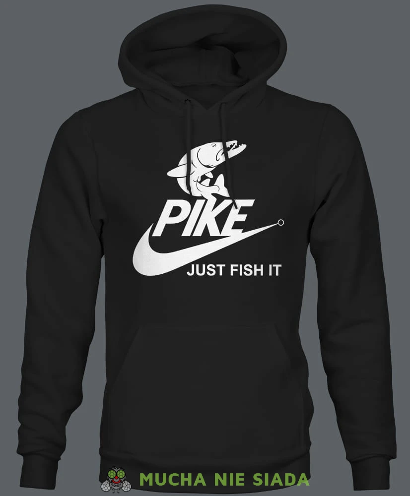 pike just fish it, czarna męska bluza z kapturem dla wędkarza, na co dzień, na prezent, fajna bluza, wędkarstwo, na ryby, mucha nie siada, mns.jpg