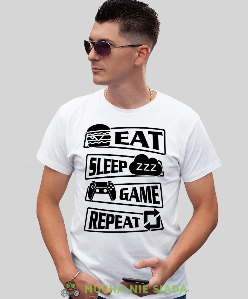 eat sleep game repeat, biała koszulka dla gracza, męska koszulka dla fanów gier komputerowych, koszulki dla graczy, video gry, konsola do gier, gry komputerowe, pad, mucha nie siada, mns.jpg