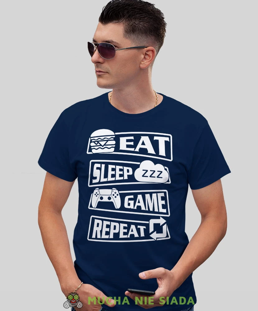 eat sleep game repeat, granatowa koszulka dla gracza, męska koszulka dla fanów gier komputerowych, koszulki dla graczy, video gry, konsola do gier, gry komputerowe, pad, mucha nie siada, mns.jpg