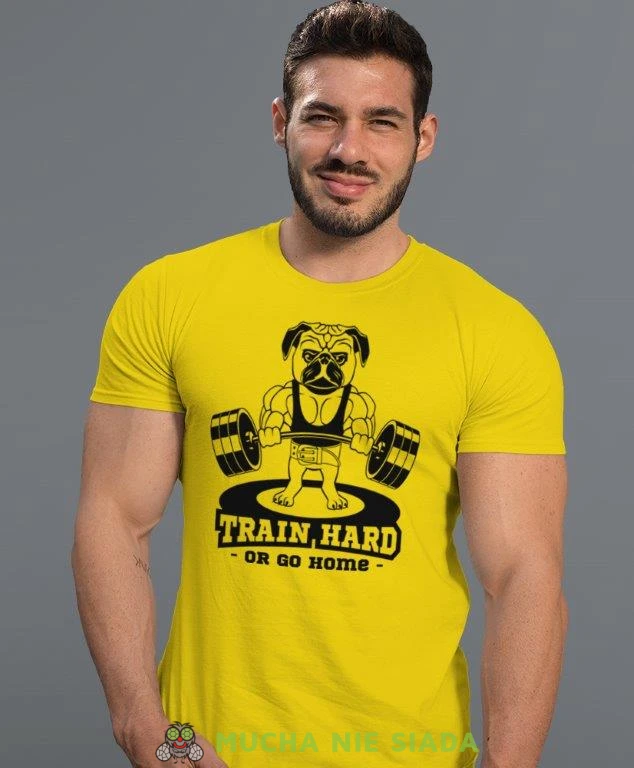 train hard or go home, żółta koszulka na siłownię, męska koszulka, koszulka sportowa, na sport, gym, na siłownię.jpg