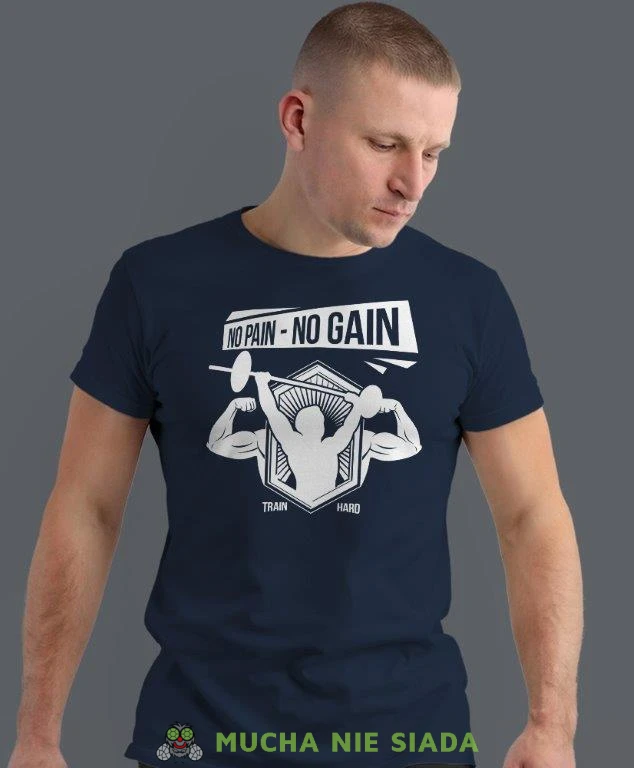 no pain no gain train hard, granatowa koszulka na siłownię, męska koszulka, koszulka sportowa, na sport, gym, na siłownię.jpg