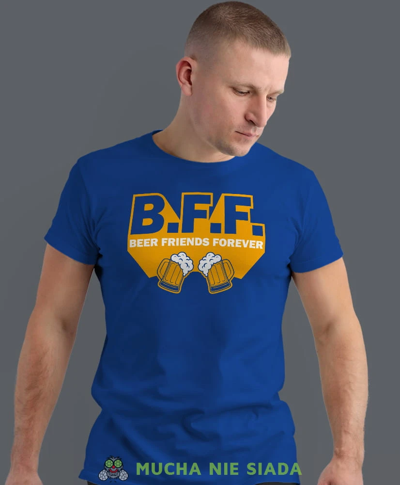 beer friends forever, niebieska męska koszulka z nadrukiem na co dzień, na prezent, fajna koszulka, dla chłopaka, dla męża, mucha nie siada opis.jpg