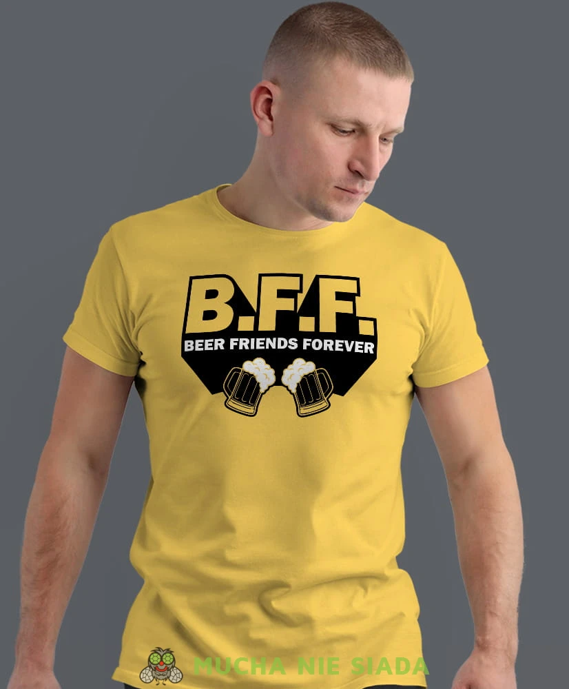 beer friends forever, żółta męska koszulka z nadrukiem na co dzień, na prezent, fajna koszulka, dla chłopaka, dla męża, mucha nie siada opis.jpg