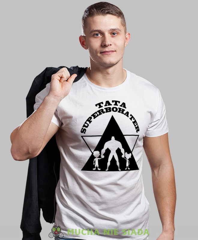 tata superbohater, biała męska koszulka z nadrukiem dla taty, szara koszulka, dzień taty, koszulka dla ojca, koszulka na dzień ojca, t-shirt dla taty, prezent dla taty, koszulka męska, mucha nie siada, mns.jpg
