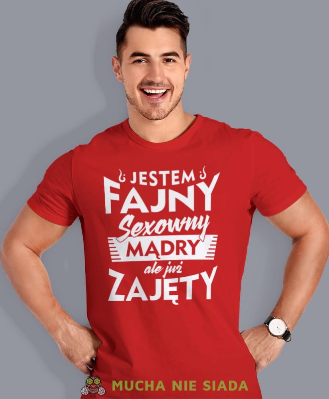 jestem fajny sexowny mądry ale już zajęty, czerwona męska koszulka z nadrukiem na co dzień, na prezent, fajna koszulka, dla chłopaka, dla męża, mucha nie siada opis.jpg