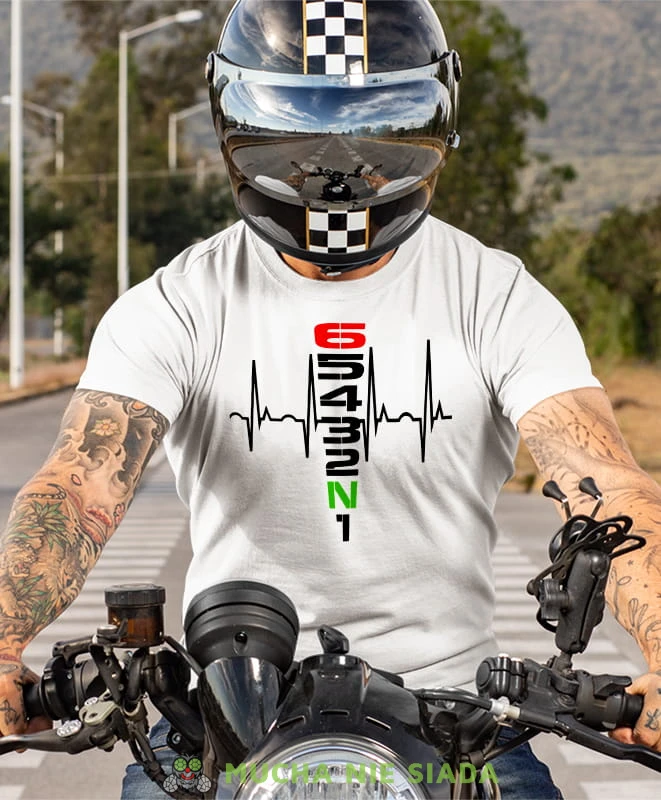 hearbeats jeden w dół pięć w górę, biała koszulka motocyklowa męska, koszulka dla motocyklisty, na motocykl, na prezent dla miłośnika motocykli, motocykl.jpg