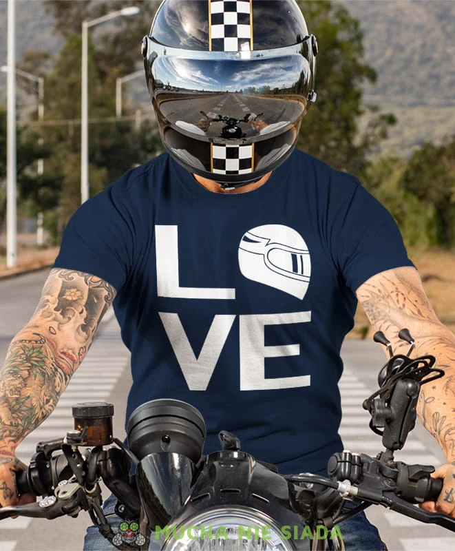 LOVE kask motocyklowy, granatowa koszulka motocyklowa męska, koszulka dla motocyklisty, na motocykl, na prezent dla miłośnika motocykli, motocykl.jpg