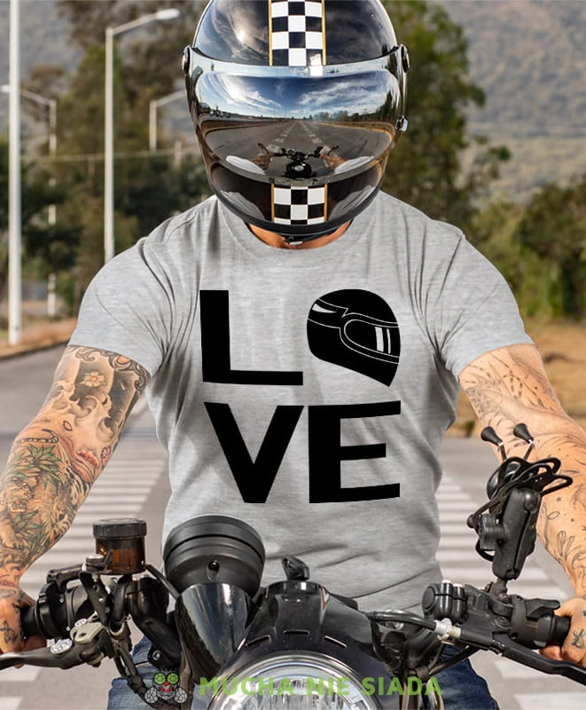 LOVE kask motocyklowy, szara koszulka motocyklowa męska, koszulka dla motocyklisty, na motocykl, na prezent dla miłośnika motocykli, motocykl.jpg