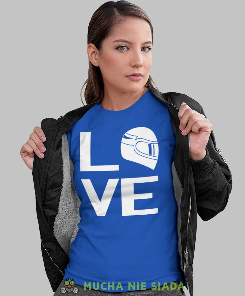 LOVE kask motocyklowy, niebieska koszulka motocyklowa damska, koszulka dla motocyklistki, na motocykl, na prezent dla miłośniczki motocykli, motocykl.jpg