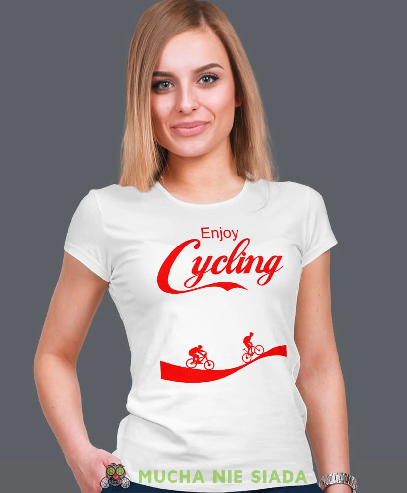 enjoy cycling, biała damska koszulka rowerowa z nadrukiem, na rower, fajna koszulka dla rowerzystki, na co dzień, na prezent_.jpg
