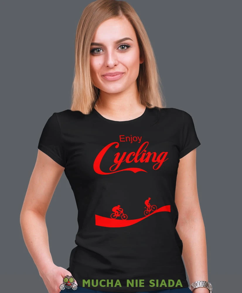 enjoy cycling, czarna damska koszulka rowerowa z nadrukiem, na rower, fajna koszulka dla rowerzystki, na co dzień, na prezent_.jpg