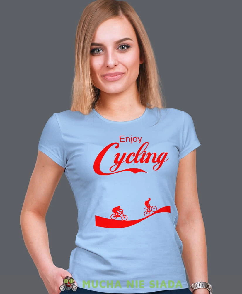 enjoy cycling, jasnoniebieska damska koszulka rowerowa z nadrukiem, na rower, fajna koszulka dla rowerzystki, na co dzień, na prezent_.jpg