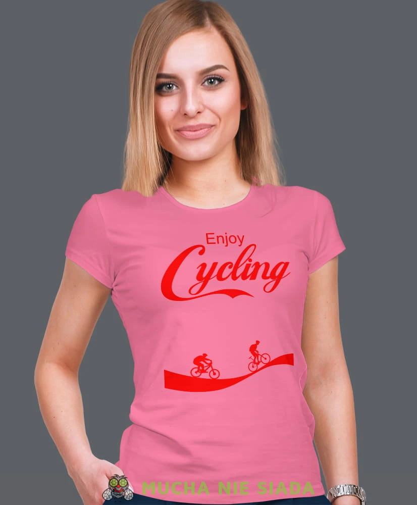 enjoy cycling, różowa damska koszulka rowerowa z nadrukiem, na rower, fajna koszulka dla rowerzystki, na co dzień, na prezent_.jpg