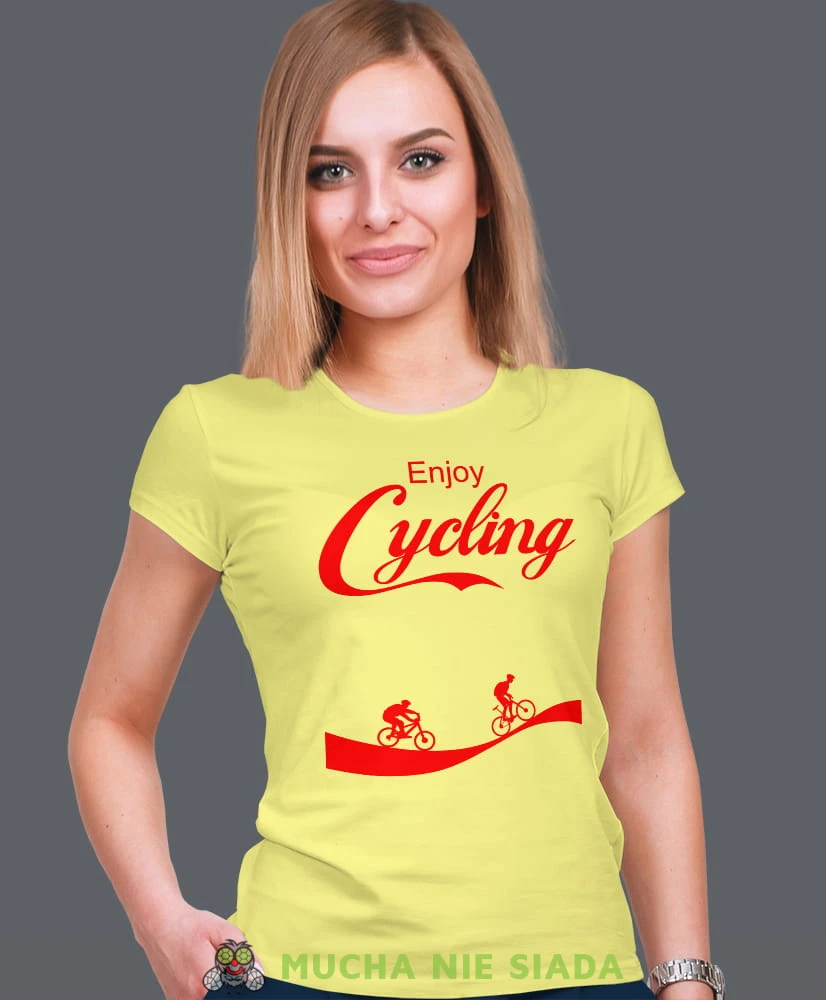 enjoy cycling, żółta damska koszulka rowerowa z nadrukiem, na rower, fajna koszulka dla rowerzystki, na co dzień, na prezent_.jpg