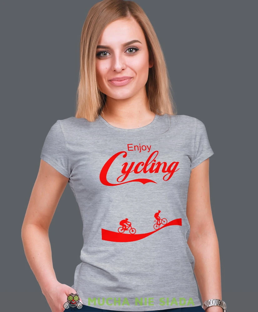 enjoy cycling, szara damska koszulka rowerowa z nadrukiem, na rower, fajna koszulka dla rowerzystki, na co dzień, na prezent_.jpg