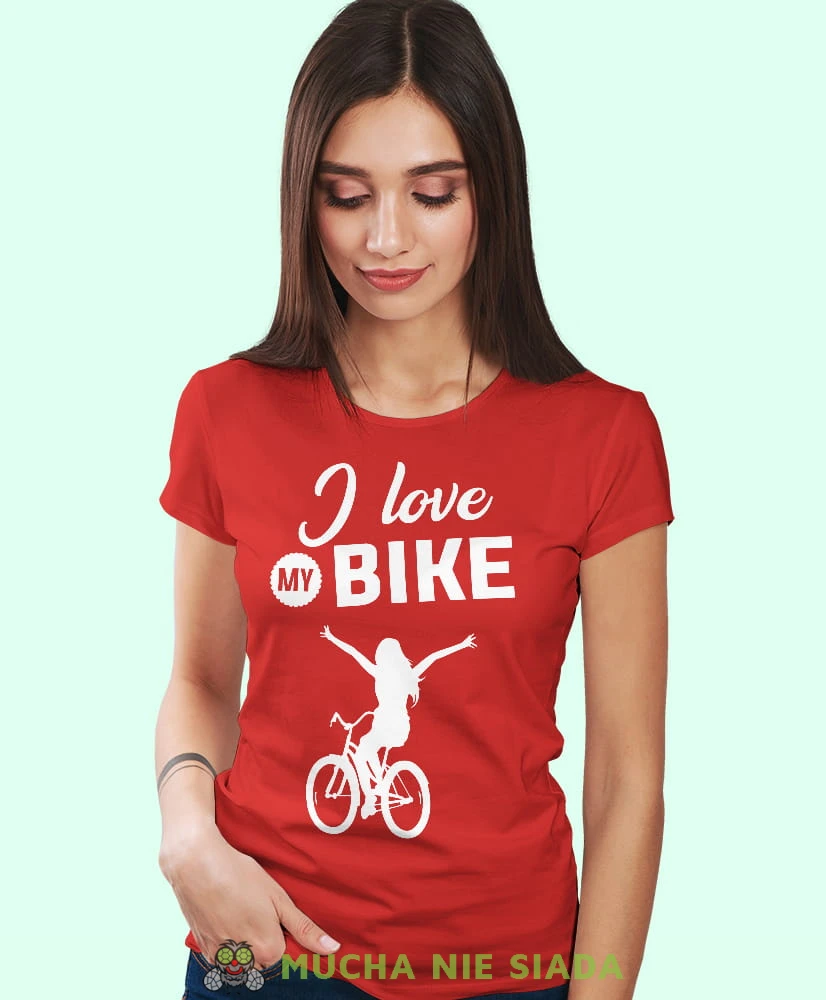 i love my bike, czerwona damska koszulka rowerowa z nadrukiem, na rower, fajna koszulka dla rowerzystki, na co dzień, na prezent_.jpg