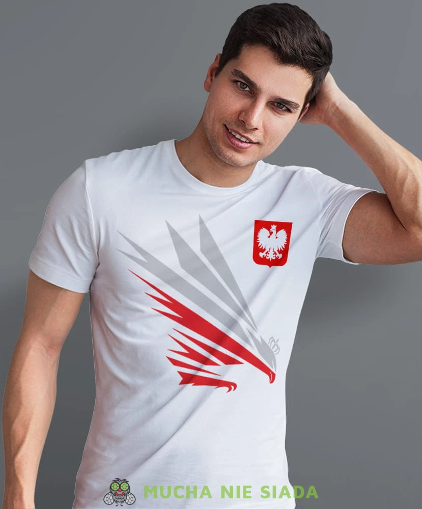 Orzeł  błyskawica godło Polski, biała męska koszulka, koszulka patriotyczna, koszulki z grafiką patriotyczną, dla mężczyzny, dla chłopaka na prezent, koszulka Polska, koszulki Polska.jpg