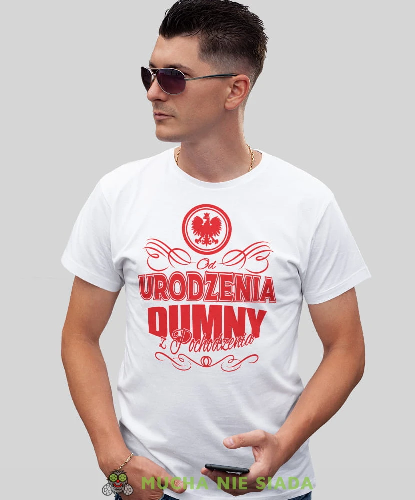 od urodzenia dumny z pochodzenia, biała męska koszulka, koszulka patriotyczna, koszulki z grafiką patriotyczną, dla mężczyzny, orzeł polski, koszulka Polska, koszulki Polska.jpg