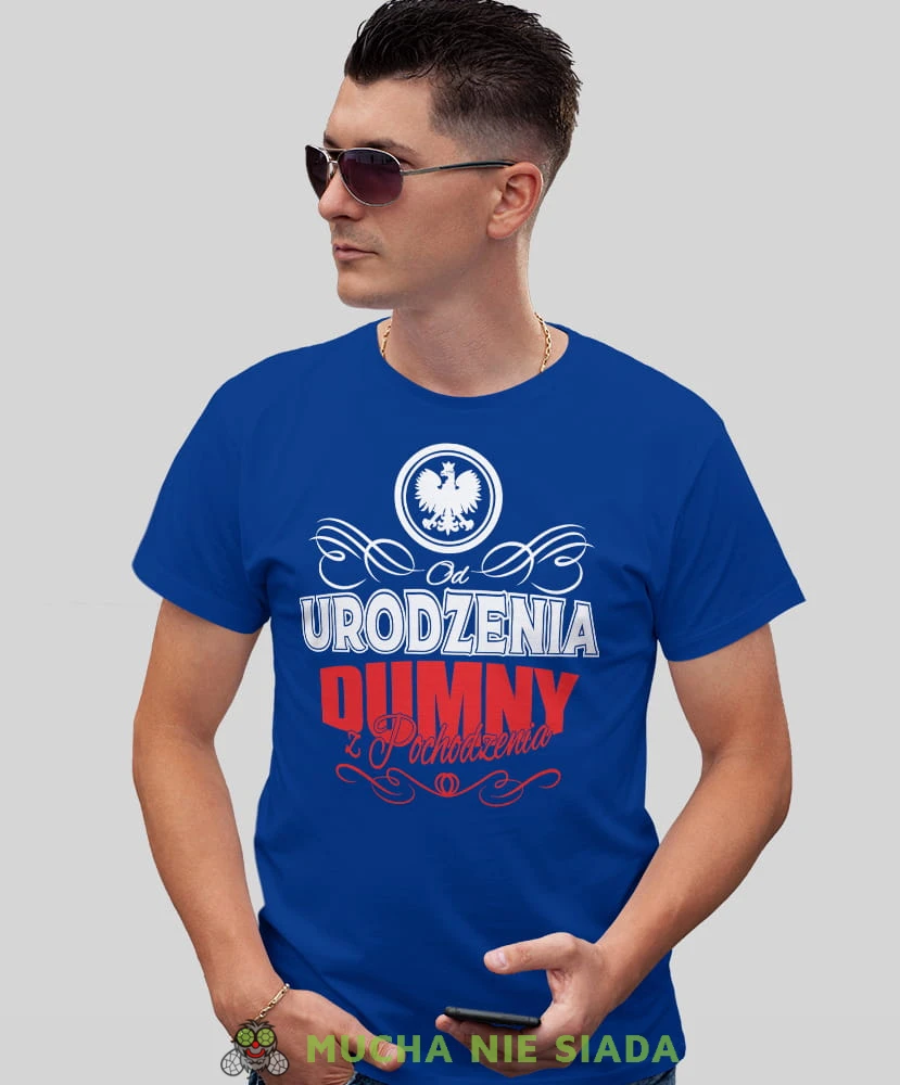 od urodzenia dumny z pochodzenia, niebieska męska koszulka, koszulka patriotyczna, koszulki z grafiką patriotyczną, dla mężczyzny, orzeł polski, koszulka Polska, koszulki Polska.jpg