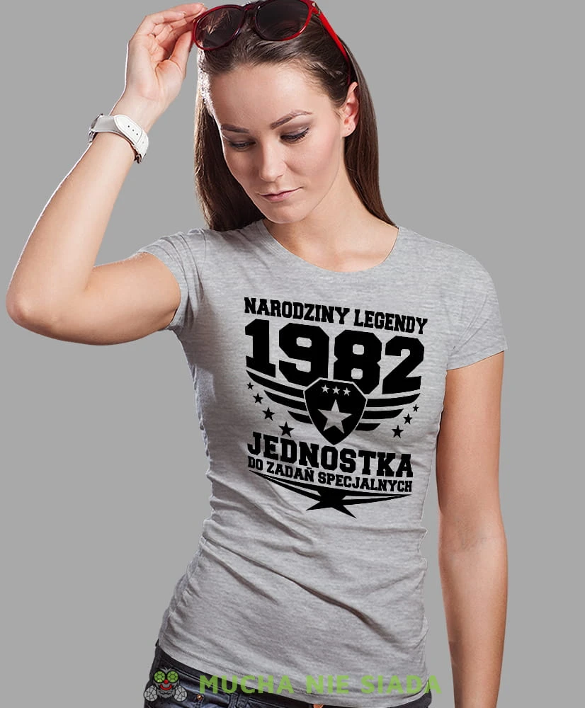 narodziny legendy jednostka do zadań specjalnych, szara damska koszulka urodzinowa z nadrukiem, na urodziny, na prezent, dla niej, mucha nie siada, mns.jpg