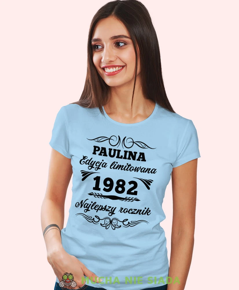 Edycja limitowana Najlepszy rocznik, jasnoniebieska damska koszulka urodzinowa z nadrukiem, na urodziny, na prezent, dla niej, mucha nie siada, mns.jpg