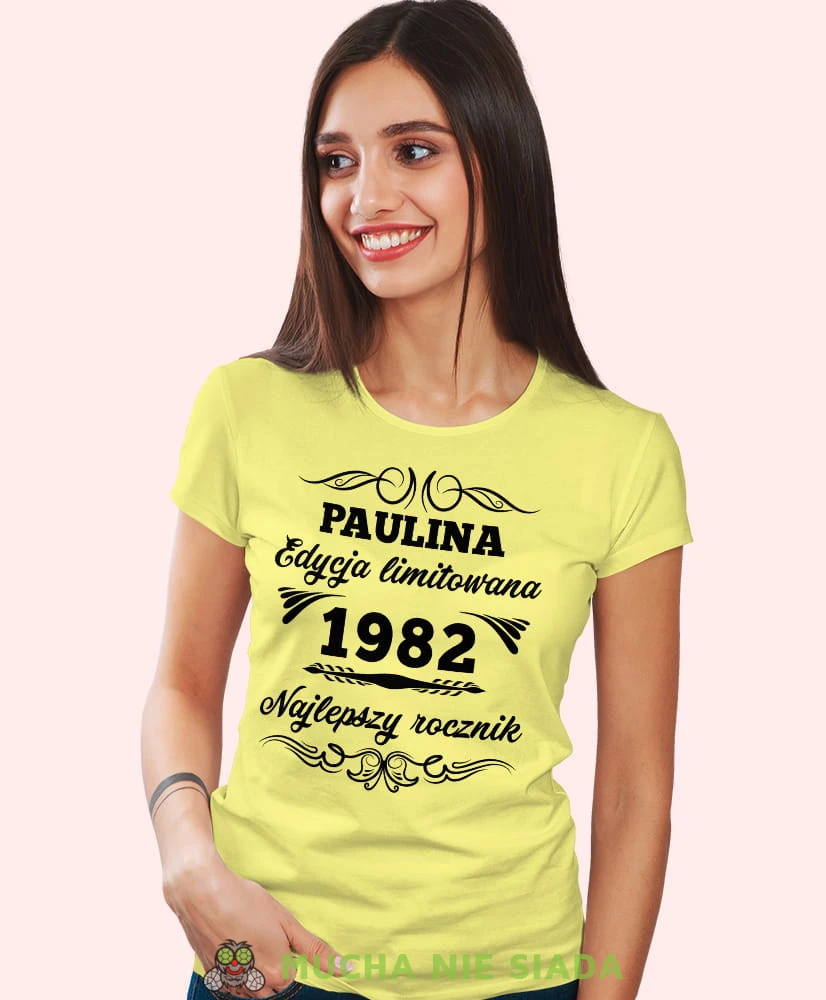 Edycja limitowana Najlepszy rocznik, żółta damska koszulka urodzinowa z nadrukiem, na urodziny, na prezent, dla niej, mucha nie siada, mns.jpg