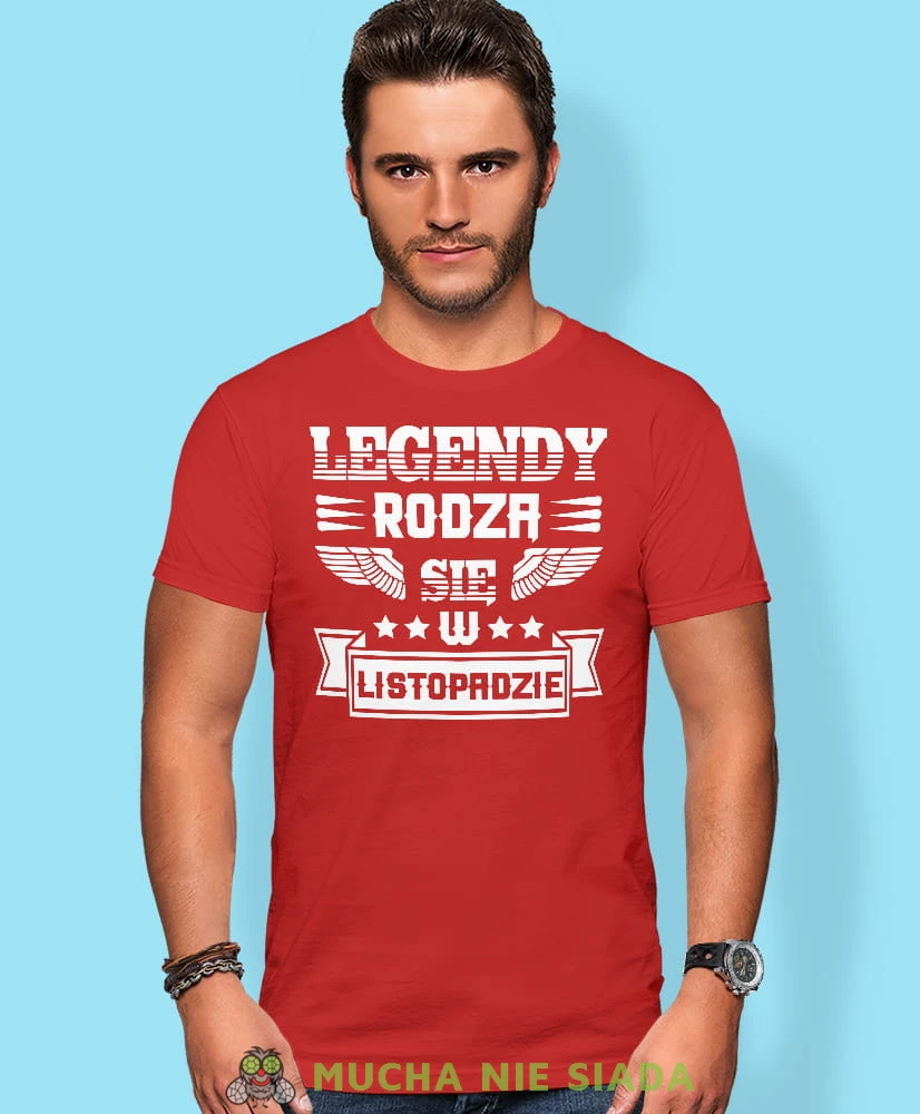 Legendy rodzą się w - Twój miesiąc urodzenia, czerwona męska koszulka urodzinowa, na urodziny, na prezent, fajna koszulka, dla chłopaka, dla męża, mucha nie siada, mns.jpg