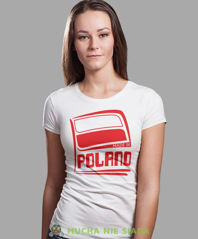 Made in Poland flaga, biała damska koszulka z nadrukiem, koszulka patriotyczna, koszulki z grafiką patriotyczną, orzeł polski, dla kobiet, koszulka Polska, koszulki Polska.jpg