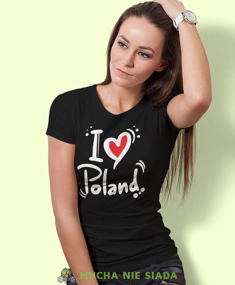 I love Poland, czarna damska koszulka z nadrukiem, koszulka patriotyczna, koszulki z grafiką patriotyczną, orzeł polski, dla kobiet, koszulka Polska, koszulki Polska.jpg