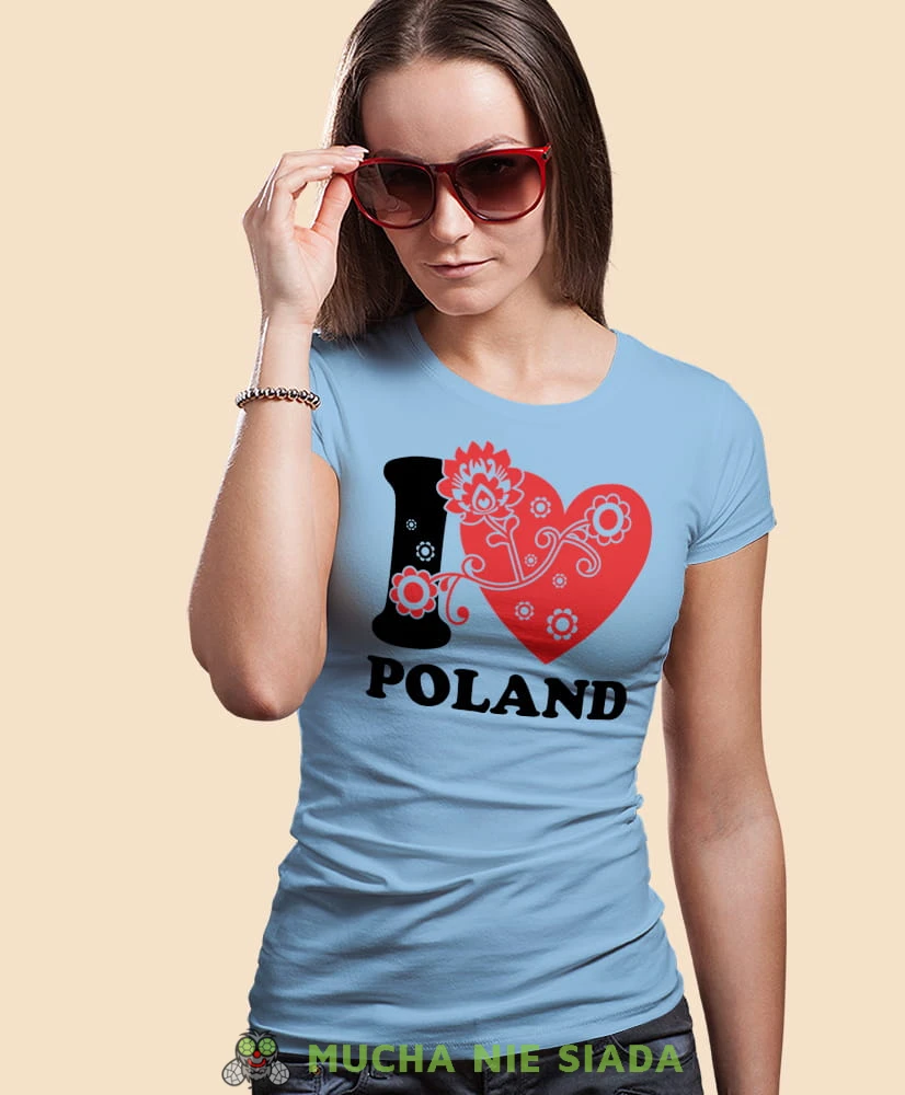 I love Poland folklor, jasnoniebieska damska koszulka z nadrukiem, koszulka patriotyczna, koszulki z grafiką patriotyczną, orzeł polski, dla kobiet, koszulka Polska, koszulki Polska.jpg