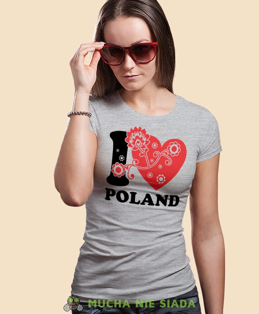 I love Poland folklor, szara damska koszulka z nadrukiem, koszulka patriotyczna, koszulki z grafiką patriotyczną, orzeł polski, dla kobiet, koszulka Polska, koszulki Polska.jpg