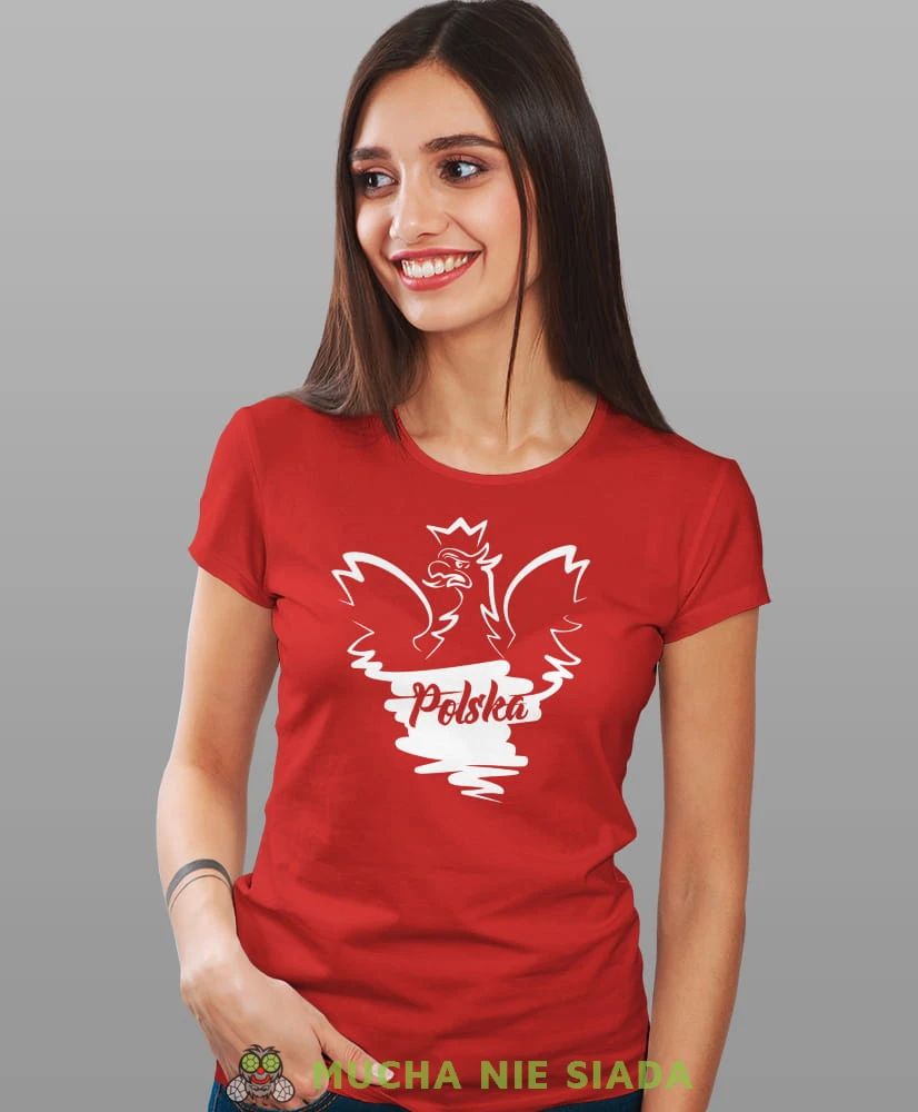 Polska - Orzeł Polski, czerwona damska koszulka z nadrukiem, koszulka patriotyczna, koszulki z grafiką patriotyczną, orzeł polski, dla kobiet, koszulka Polska, koszulki Polska.jpg