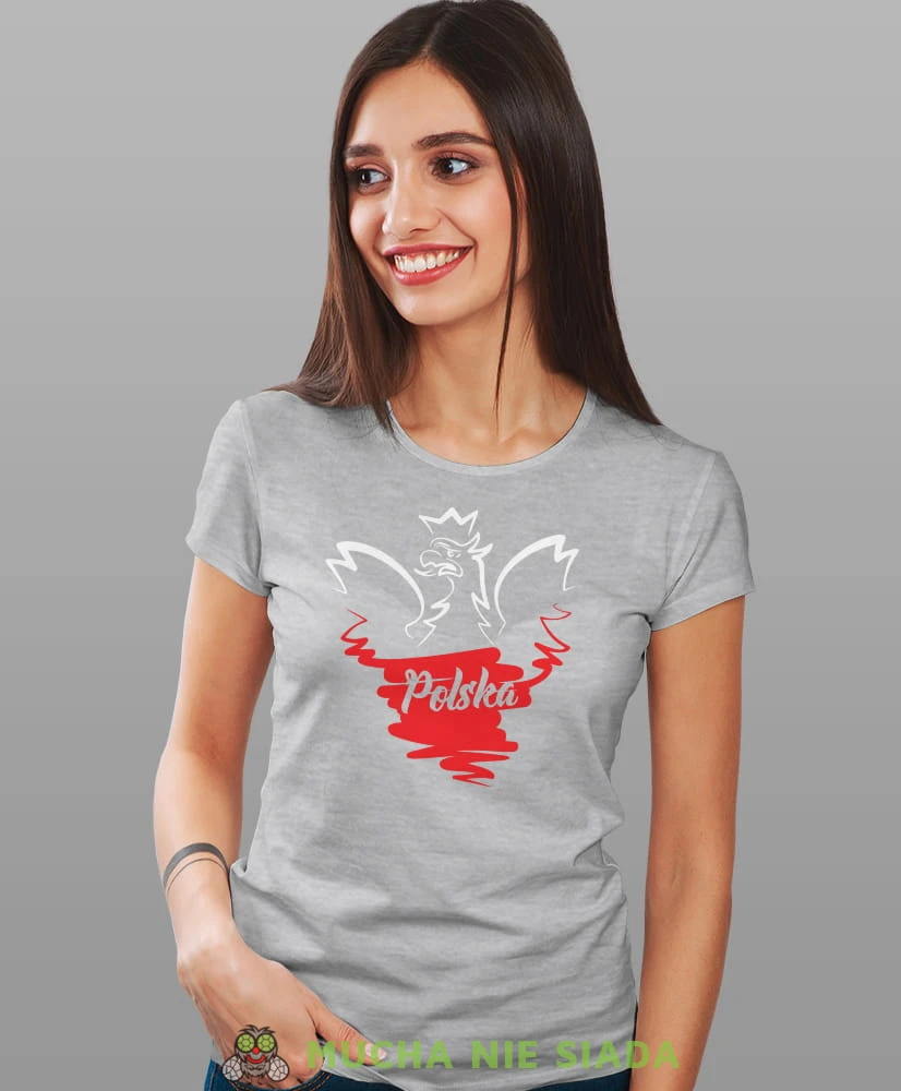 Polska - Orzeł Polski, szara damska koszulka z nadrukiem, koszulka patriotyczna, koszulki z grafiką patriotyczną, orzeł polski, dla kobiet, koszulka Polska, koszulki Polska.jpg