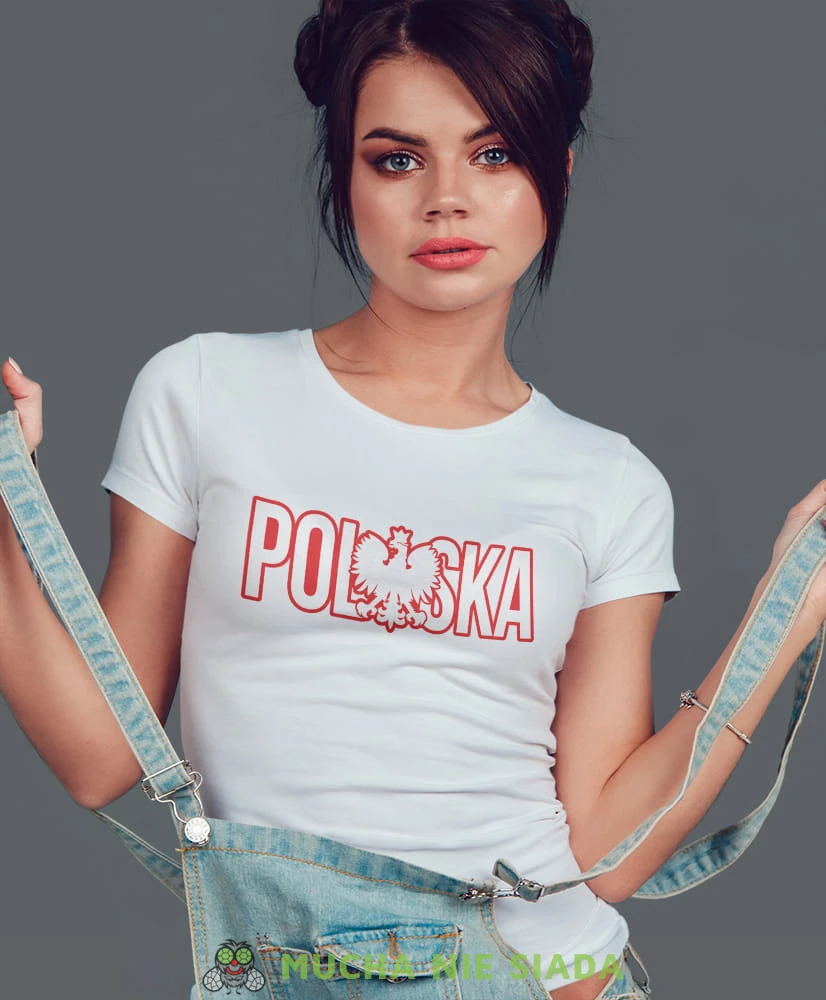 Polska Orzeł, biała damska koszulka z nadrukiem, koszulka patriotyczna, koszulki z grafiką patriotyczną, orzeł polski, dla kobiet, koszulka Polska, koszulki Polska.jpg