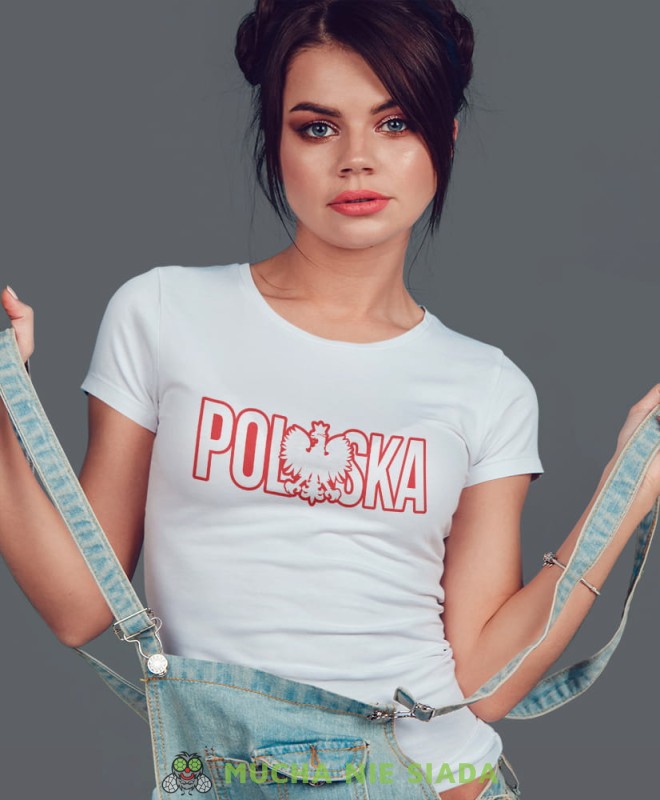 Polska Orzeł, biała damska koszulka z nadrukiem, koszulka patriotyczna, koszulki z grafiką patriotyczną, orzeł polski, dla kobiet, koszulka Polska, koszulki Polska.jpg