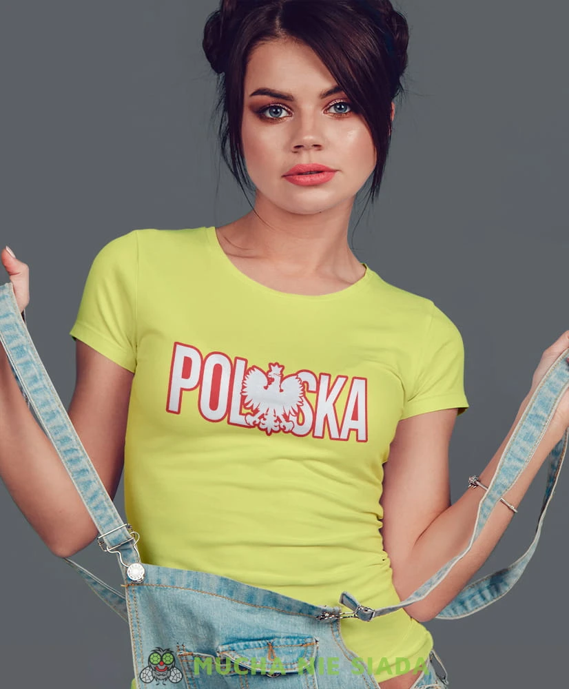 Polska Orzeł, żółta damska koszulka z nadrukiem, koszulka patriotyczna, koszulki z grafiką patriotyczną, orzeł polski, dla kobiet, koszulka Polska, koszulki Polska.jpg