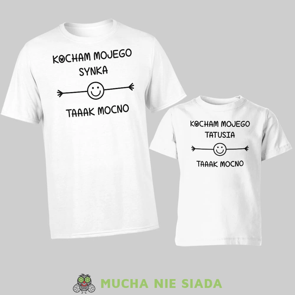 Kocham mojego synka Kocham mojego tatusia taaak mocno, zestaw białych koszulek dla taty i syna, na prezent, fajne koszulki, mucha nie siada, rodzina, mns.jpg