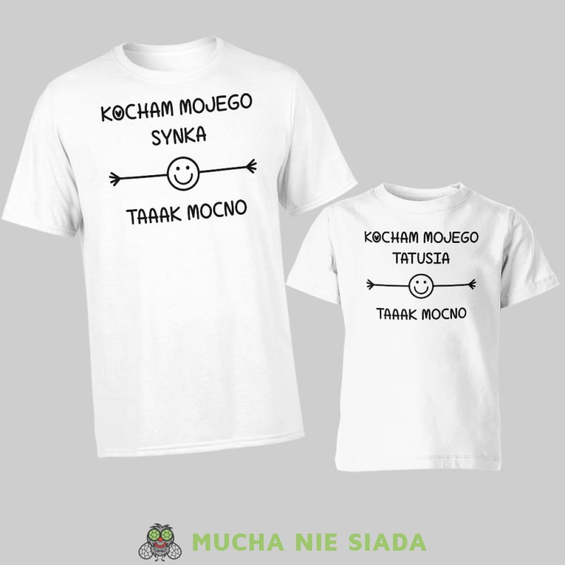 Kocham mojego synka Kocham mojego tatusia taaak mocno, zestaw białych koszulek dla taty i syna, na prezent, fajne koszulki, mucha nie siada, rodzina, mns.jpg