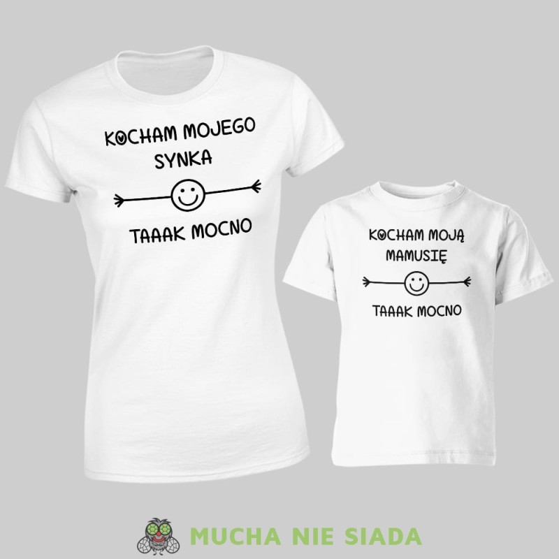 Kocham mojego synka Kocham moją mamusię taaak mocno, zestaw białych koszulek dla mamy i syna, na prezent, fajne koszulki, mucha nie siada, rodzina, mns.jpg