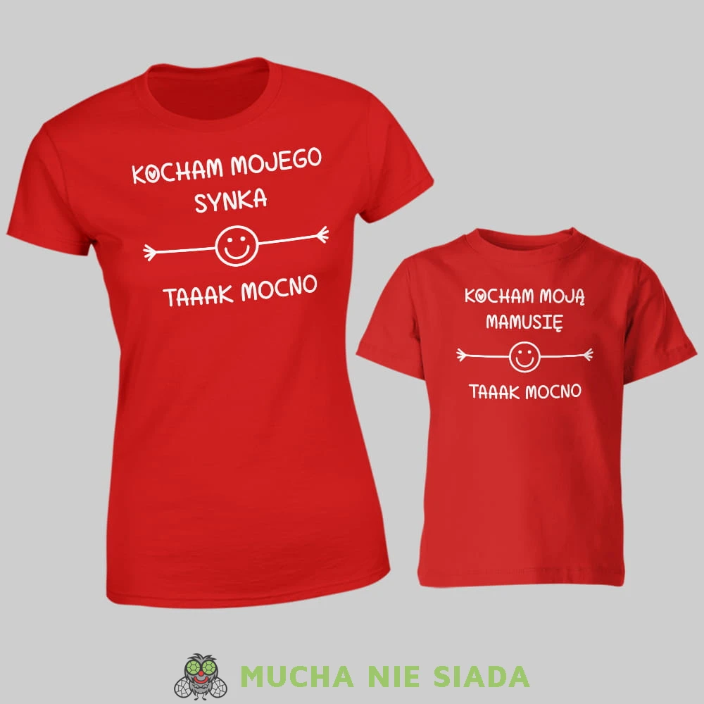 Kocham mojego synka Kocham moją mamusię taaak mocno, zestaw czerwonych koszulek dla mamy i syna, na prezent, fajne koszulki, mucha nie siada, rodzina, mns.jpg