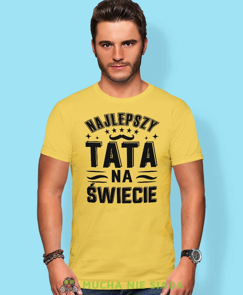 Najlepszy tata na świecie, wąsy, żółta koszulka, dzień taty, koszulka dla ojca, koszulka na dzień ojca, t-shirt dla taty, prezent dla taty, koszulka męska, mucha nie siada, mns.jpg