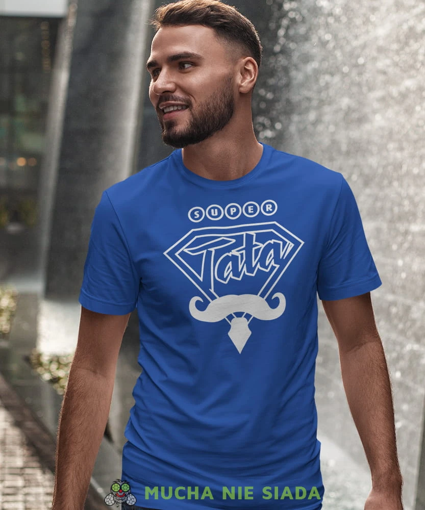 Super tata, wąsy, krawat, niebieska koszulka, dzień taty, koszulka dla ojca, koszulka na dzień ojca, t-shirt dla taty, prezent dla taty, koszulka męska, mucha nie siada, mns.jpg