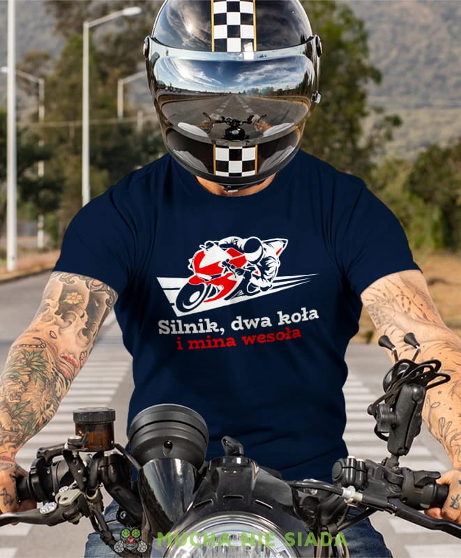 silnik dwa koła i mina wesoła, granatowa koszulka motocyklowa, motocykl, motocyklista.jpg
