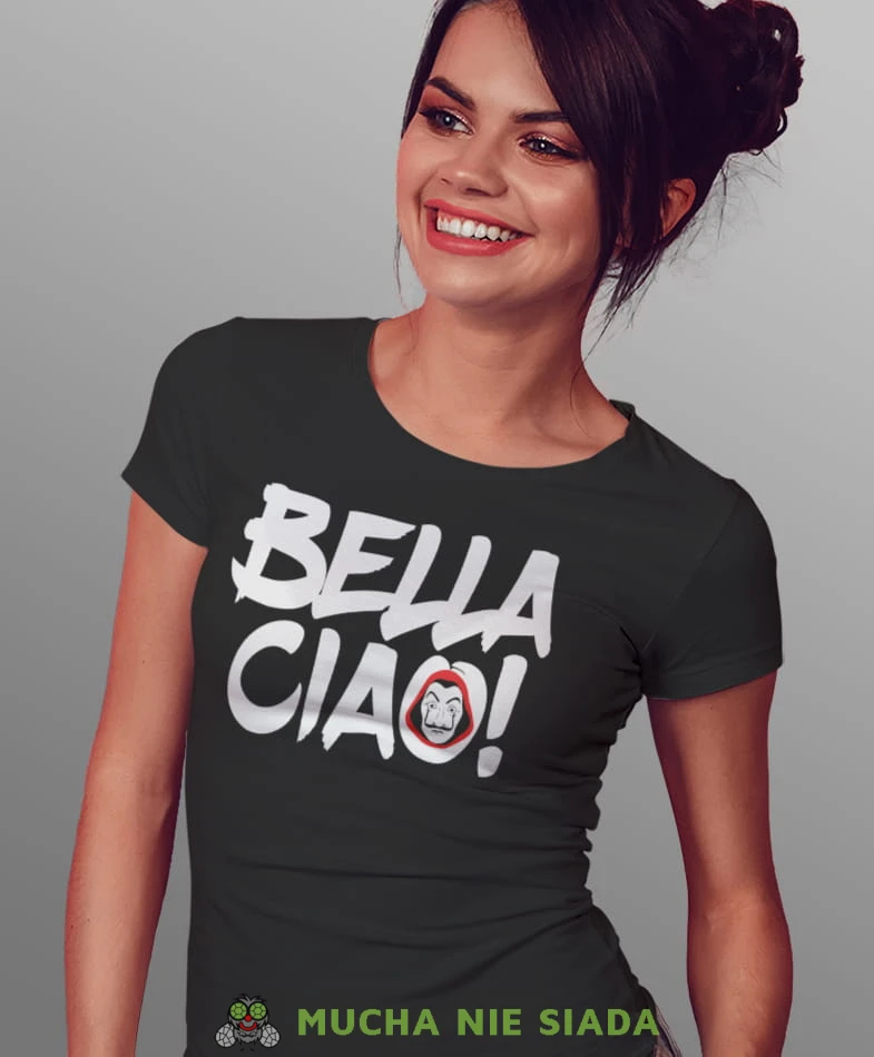 bella ciao! maska dom z papieru, czarna damska koszulka z nadrukiem na prezent dla dziewczyny dla żony.jpg