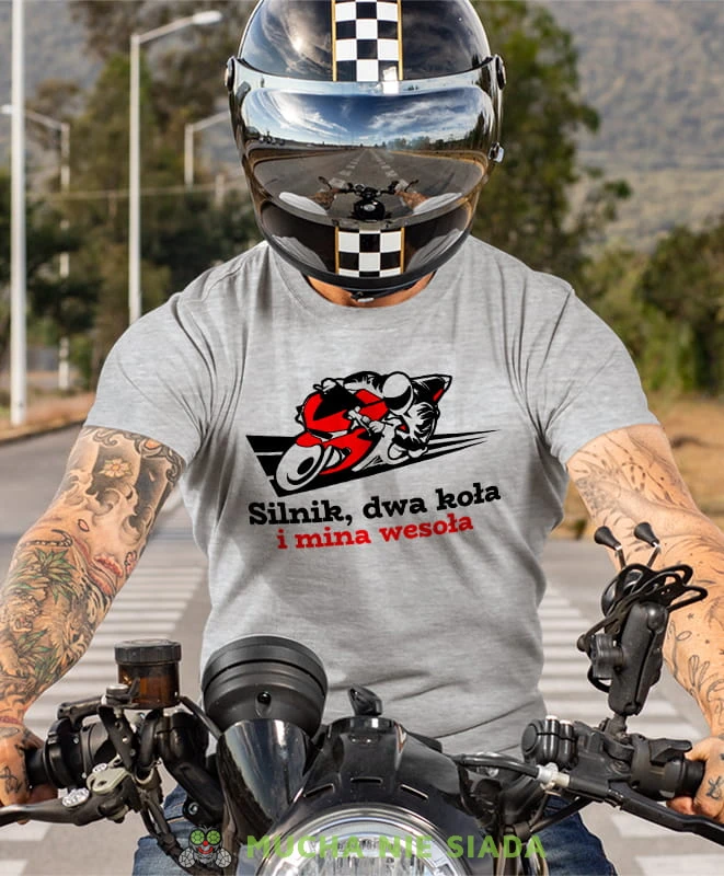 silnik dwa koła i mina wesoła, szara koszulka motocyklowa, motocykl, motocyklista.jpg